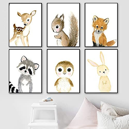lulupila - Lot de 6 posters photo pour chambre de bébé - Décoration de chambre d'enfant, salon - A4 - Motifs animaux, animaux de la forêt - Pour enfants, garçons, filles (G5)