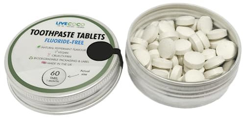 LiveCoco Remineralising Whitening Toothpaste Tablets, Fluoride-Free, Teeth Whitening Tabs for Clean Teeth and Fresh Breath, Vegan and Travel Friendly, Peppermint Flavour, Pack of 60 Tabs