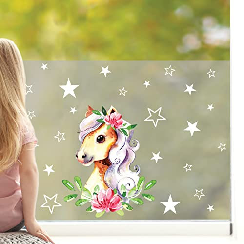 Wandtattoo Loft Sichtschutzfolie Kinderzimmer Mädchen mit Pferd und Sternen Motiv, Bunte Fensteraufkleber, Milchglasfolie, Mädchen Fensterdeko, Dekoration Fenster Aufkleber, Fensterfolie Blickdicht