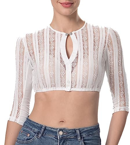 Kelliar Dirndl Bluse Damen Weiß, Dirndlbluse Langarm DirndlBlusen Tropfenausschnitt Elegante Dirndl Bluse Spitze Trachtenblusen Damen Dreiviertelarm für Bavarian Oktoberfest, Größe 42