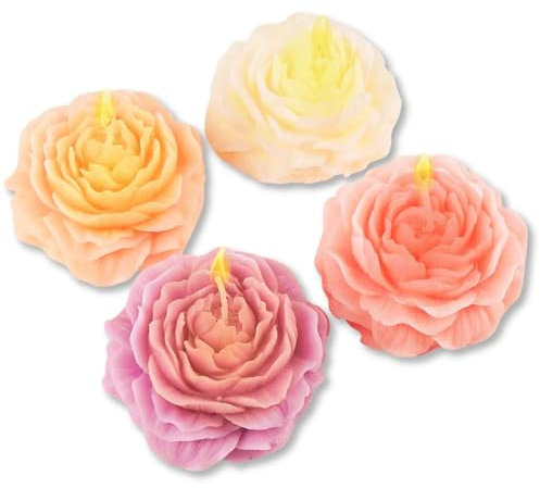 BelugaDesign Pfingstrosen-Rosenkerzen | Niedliche, ästhetisch duftende Blumenform in Pastellrosa, Weiß, Lila | Kawaii Sojawachs für Frauen Geschenkset Bundle 4er Pack