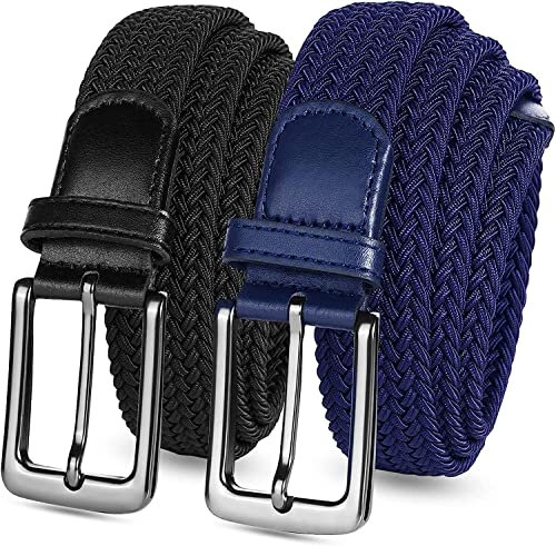LOVMEAD Elastischer Gürtel Stretchgürtel Geflochten Herren Damen Wert 1 2 Stück, Golf Stoffgürtel Flechtgürtel Dehnbarer (2 Stück-Schwarz+Blau, 115cm/38’’-42’’ für Taillengröße)