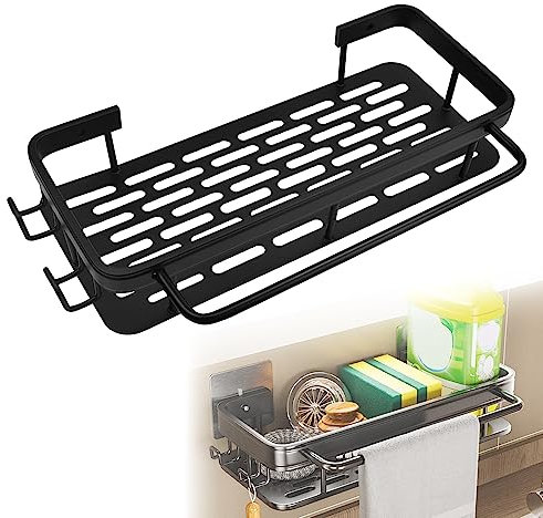 FIGFYOU Spülbecken Organizer Wand Spülmittel Organizer Schwarz Küche Spülorganizer Caddy Küchenutensilienhalter ohne Bohren Spülbeckenorganizer mit Handtuchhalter Haken für Küchenzubehör Spülseife
