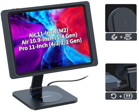 EMONITA Foldable Magnetic Stand with Charging Case A9 for iPad Air, iPad Pro 11-Inch. Strong Magnets, 360 Rotation, 90 Tilt, 45W Fast Charger Adapter USB C Cable Included