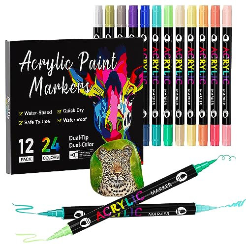 Sonlaryin Rotuladores Acrilicos 24 Colores 12 Piezas, Rotuladores de Pintura Acrílica Doble Punta con Fina y Pincel, Rotuladores para Roca, Cristal, Cerámica, Plastico, Tela, Metal