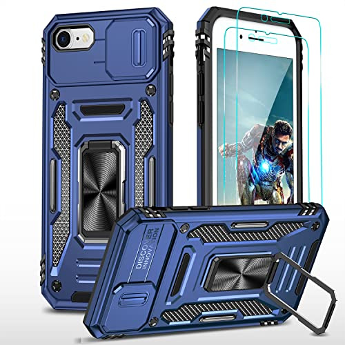 YmhxcY Hülle Für iPhone 7/8/SE 2020/2022 Hülle,*2 Displayschutzfolie,Slide Camera Cover, Militär Grade Schutzhülle, 360°Drehen Metallständer,Für iPhone 7/8/SE 2020/2022 Hülle-Blau
