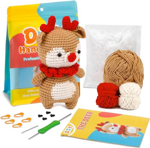 MUAECH Häkelset für Anfänger, Rentier-Häkel-Starter-Set mit Schritt-für-Schritt-Video-Tutorials, Häkeltier-Hirsch-Sets für Erwachsene und Kinder, Häkel-Kits, Bastelzubehör (40 % + Garninhalt)