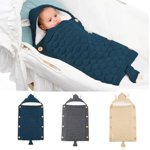 Schlafsack Baby Winter Wickeldecke Universal Strick Einschlagdecke mit Plüschfutter Babyschlafsack Extra Warm Fußsack Weich Babydecke Säuglinge Kuschelsack für Kinderwagen Buggy Kinderbett Dunkelblau