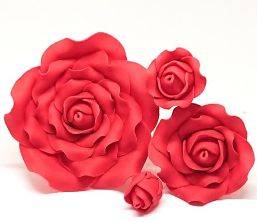 Lot de 5 roses rouges en sucre - 4 tailles au choix - Décoration de gâteau en forme de fleur (bourgeons rouges)