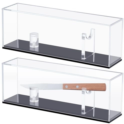 Suzile 2 Pcs Acrylic Knife Display Case With Clear Cover - Single Pocket Knife Display Stand Box Holder Cabinet Protection, Black Base, 10.5 x 3.7 x 2.5 Inches