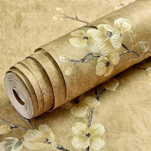 GIBZ 3D Vintage Floral Wallpapers Peel and Stick Colorful Rustic Wall Papers Decorations Wallpaper Contact Paper Yellow 3 0.53x5m