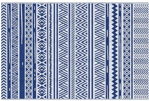 Outsunny Tappeto da Esterno per Balcone e Terrazza, Tappetino Reversibile con Fantasia Geometrica, Resistente ai Raggi UV, per Giardino, Patio, Spiaggia, Picnic, 182x274 cm, Blu Scuro e Bianco