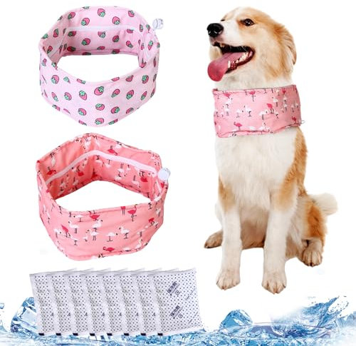 Bulyoou 2 Pack Dog Cooling Bandana Collar with 10 Ice Packs, Adjustable Cooling Neck Wrap for Dogs, Reusable Pet Scarf for Hot Weather Summer Cats and Dogs(M,Pink Flamingo&Strawberry)