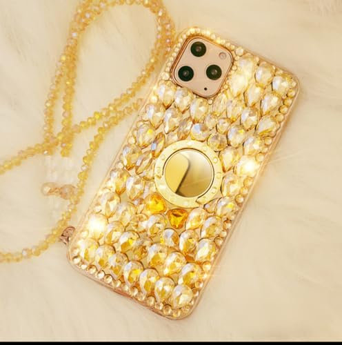 FORLUZ Estuche con Diamantes de imitación y Anillo para teléfono con Correa de Cristal Dorado para iPhone 15 14 12 13 11 Pro MAX X XR XS 7 8 Plus Estuche con Purpurina, Dorado, para iPhone 12