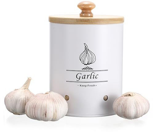 TOLIDA Olla de ajo con tapa de bambú, organizador para ajo, verduras, patatas, cebollas, caja de almacenamiento para almacenamiento prolongado, soporte para cocina, restaurante, supermercado, color