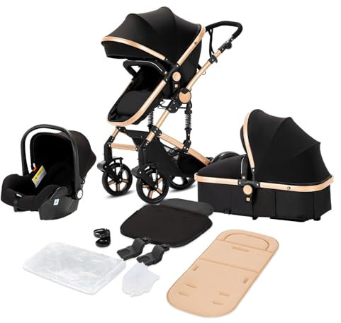 NADDLILY Passeggino Trio, Passeggino 3 in 1 con Spinta Reversibile a Due Vie, Trio Passeggino Neonati con Accessori, Carrozzina per Neonati con Design Portatile Pieghevole Un Clic (588 Black Gold)