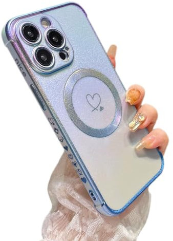 ZTOFERA Magnetic Case for iPhone 14 Pro Max Case 6.7,Cute Luxruy Iridescent Case with Love Hearts Pattern, Plating Edge Camera Lens Protection Shockproof Phone Case for Women Girls,Blue