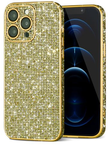 Svanove Für iPhone 12 Pro Max Hülle Glitzer Diamant, Luxus Sparkle Bling Glänzend Kristall Strass Rand mit Kameraschutz, Dünn Slim Aesthetic Cute Hart Plastik Handyhülle für Frauen, Gold