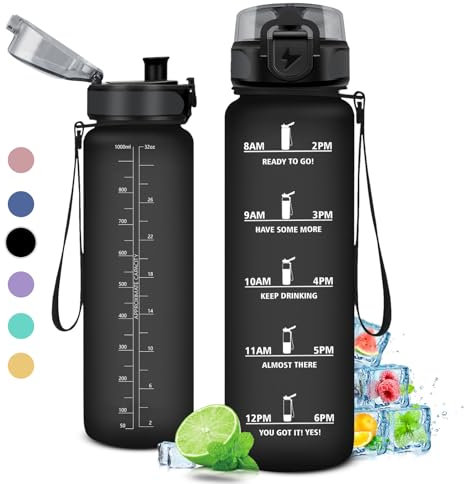 Gourde 1L, Gourde Sport, Étanche et Réutilisable, Bouteille d'eau 1 Litre avec Marqueur de Temps et Filtre, Bouteille pour Adulte, l'école, Cyclisme, Voyage, Camping, Fitness, Yoga, Bureau, Gym