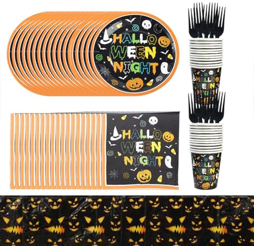 Servizio da Tavola di Halloween, Decorazione Hallowee Piatti Set, Stoviglie a Tema Halloween, Halloween Accessori Stoviglie per Feste, Piatti di Carta, Tovaglioli, Tazza, Tovaglia Feste 97pcs