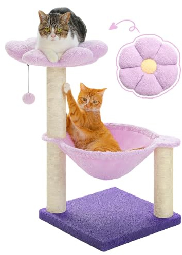 MUTTROS Arbre à chat en forme de tour avec grand hamac et perchoir doux, balle de jouet remplaçable pour chatons, 71,1 cm, violet
