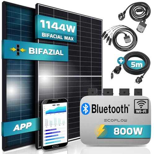SUNNIVA® 1144W Balkonkraftwerk 800W komplett Steckdose, Astro Energy 800W Wechselrichter, PV Solaranlage Komplettset, 2x 440W BIFAZIAL, BLACK Frame, Single Glas Solarmodule, inkl. 5m Kabel - Bluetooth