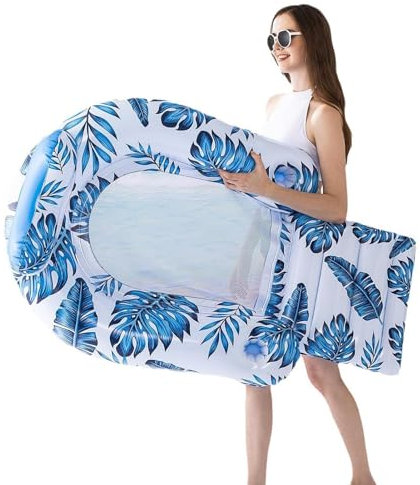 Chaise longue flottante de piscine pour adulte avec appuie-tête et repose-pieds, motif feuilles tropicales, chaise flottante pour piscine, jouets