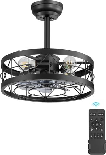 Caged Ceiling Fan with Light,16.5 in Farmhouse Enclosed Ceiling Fans with Remote Control, Black Industrial Fandelier Chandelier Fan for Indoor Bedroom, Kitchen