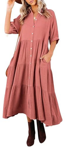 R.Vivimos Robe chemise plissée d'été décontractée bohème à manches mi-longues et fente boutonnée pour femme, Rose poudré, S