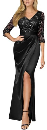 MIUSOL Women's Vintage Lace Sequin Insert Contrast Wrap Ruched Split Hem Satin Evening Party Formal Long Dress (XX-Large, Black)