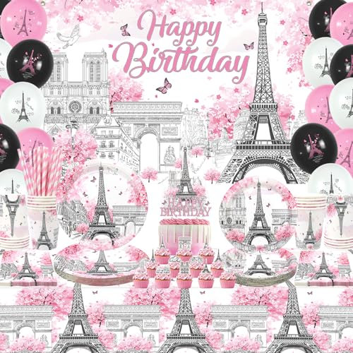 LSJDEER Paris Eiffelturm Geburtstag Party Dekorationen, Teller Tassen Servietten Tischdecke Happy Birthday Hintergrund Ballon Kuchen Toppers für Paris Motto Party Dekorationen, Serves 20