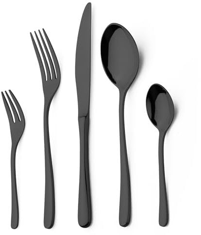 Alata Vienna 18/10 Edelstahl Poliert, Besteck Set 6 Personen Schwarz, Essbesteck 30 teilig, Glänzend, Spülmaschinenfest