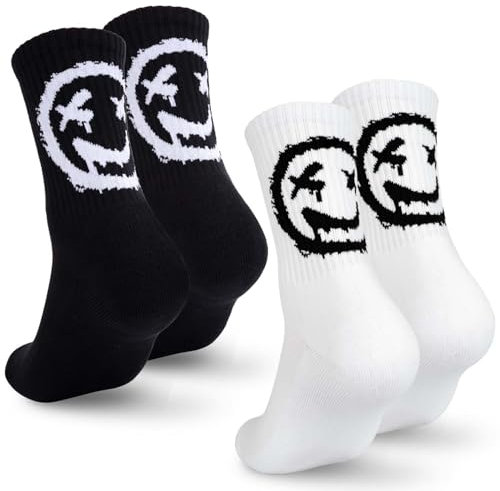 YANSYUN 2 Paar Tennissocken Herren 43-46 Frottee Sohle Sportsocken Herren Smiley Socken mit Motiv Schwarz Weiß Tennis Socken für Herren