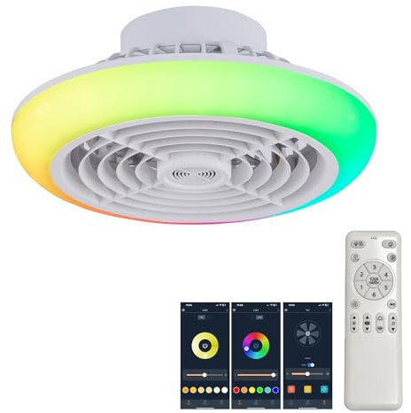 Luyaim Small Alexa RGB Smart Colour Changing Ceiling Lights with Bluetooth Speaker - LED Fan Light Ceiling Smart Dimmable Chandelier with Fan Bedroom, 6-Speed DC Motor, Timer App Remote-White-B