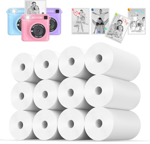 Thermopapier, Atnadov HD-Thermopapier für Kinder, Sofortbildkamera-Nachfüllpapier, BPA-frei, für die meisten Kinderkameras, Weiß, 12 Rollen