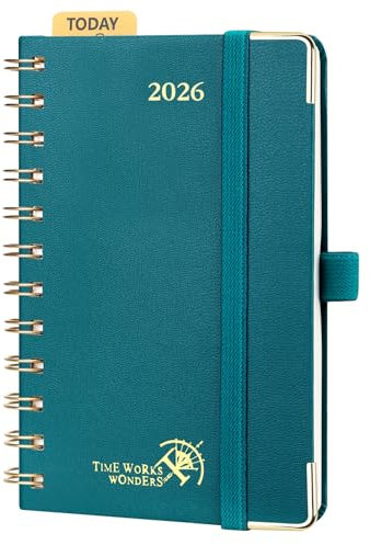 POPRUN Kalender 2026 Klein 16 x 10,5 cm (Jan.2026-Dez.2026) - Taschenkalender 2026 Klein Ringbuch mit Hardcover - Terminplaner, Wochenplaner mit Vergoldete Schutzecken - Pazifikgrün
