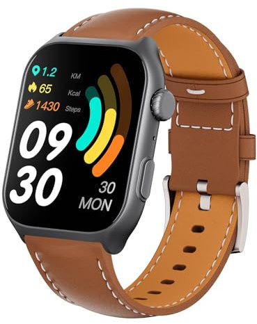 RORIOS Smartwatch para Hombres Mujeres Relojes de Pulsera Inteligente Deportiva Fitness Reloj Rastreador de Actividad con Correa de Cuero Marrón