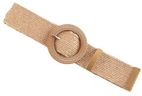 QUUPY Ceinture tressée en paille élastique avec boucle ronde pour femme, marron, 4.5 cm