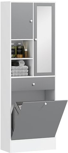 HOMCOM Meuble de Salle de Bain Haut avec Coffre a Linge et Miroir, Meuble de Rangement avec placards à Portes, 2 Compartiments Ouverts, tiroir et étagère réglable, 62 x 28,3 x 181 cm, Gris et Blanc