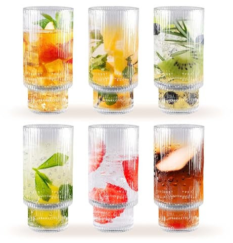 TOLASTO Lot de 6 verres à eau nervurés de 470 ml, verres à eau vintage, verres en verre transparent, verres nervurés pour cocktail, café glacé, jus, mojito, décoration, cadeaux pour papa/maman/ami