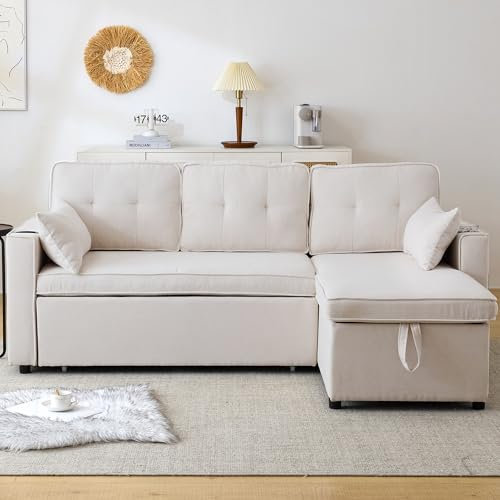 ANIROY 3 Seater Sofa, L-Shape Sofa Bed, Corner Sofa Bed with Storage and Chaise, Pull Out Daybed with 2 Cup Holders & 4 Magazine Pockets for Living Room/Office (Beige)