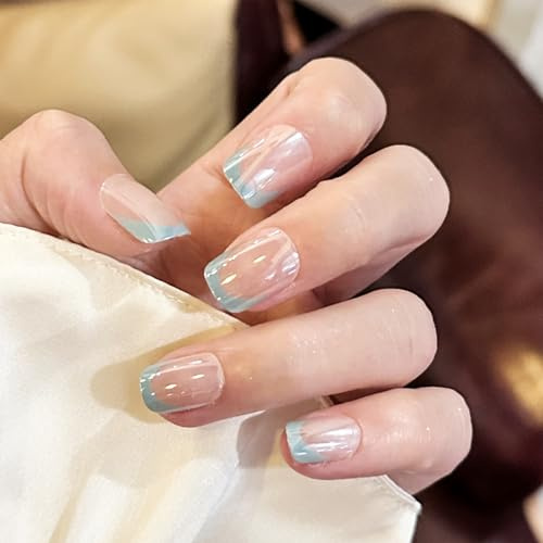 Short Square False Nails - 24Pcs Blue French Tip False Nails - Chrome Glazed Press on Nails Short - Supremely Fit & Natural Square nails, Fake nails with Glue, Nail Art Accessories