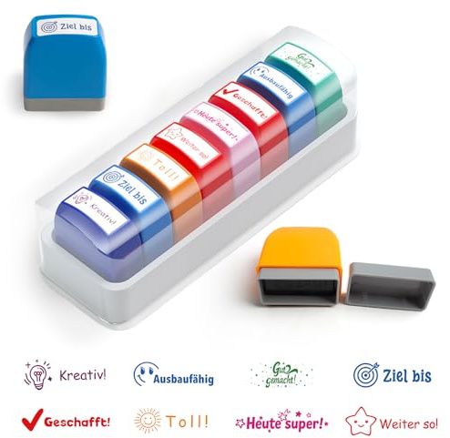 SGZIOO 8 Stück Lehrerstempel Grundschule Set, Stempel Lehrer Grundschule Selbstfärbend, Lehrer Stempel Deutsch, Motivationsstempel, Lob Ermutigung Kinder Stempel Grundschule, für Motivation (8 Stück)