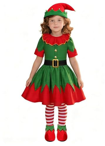 PILUZEAT Elfen Kostüm für Mädchen Kinder Weihnachten Elf Wichtel Grün kleider Weihnachtskostüm Maskerade Neujahr Cosplay Mottoparty Karneval 110-150 CM