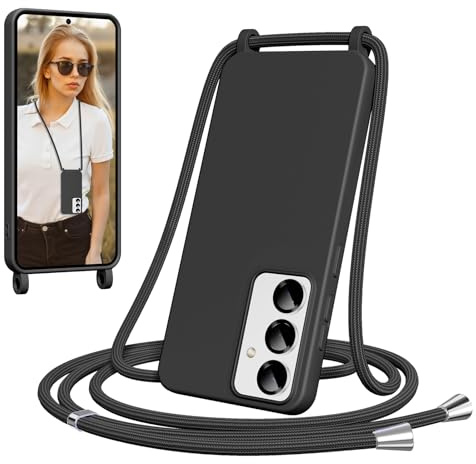 Yxnvixn Crossbody Lanyard Case for Samsung Galaxy S25 5G, Liquid Silicone Shockproof Protective Mobile Phone Cover with Strap Adjustable Neck Cord Necklace TPU Soft Shell， Black