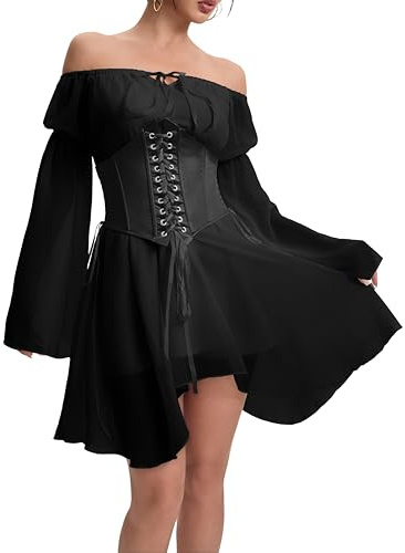 XKBHYD Ladies Two Piece Sets Corset Dress Off Shoulder Bell Sleeve Chiffon Dresses Womens Lace-Up Mini Bustier Party Dress Black