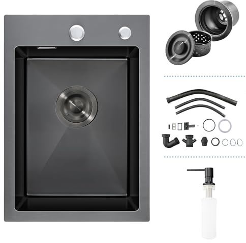 35×50cm Fregadero Cocina Negro Gris, Fregadero Cocina 1 Seno sobre Encimera ou Empotrado, Fregadero Negro 1 Seno Inox con Desbordamiento y Sifon, Dosificador de Jabón