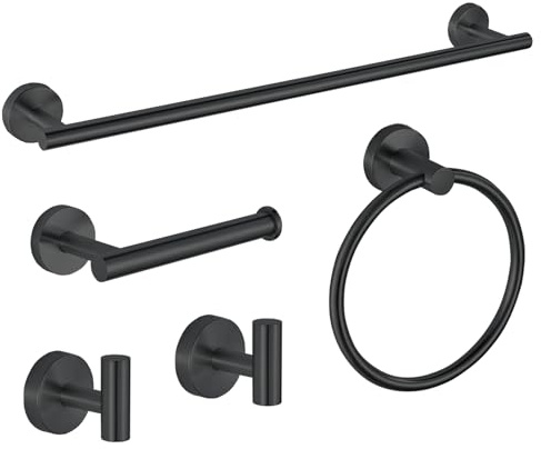 Schwarzes Badezimmer-Hardware-Set, 5-teiliges SUS304 Edelstahl 60 cm Handtuchstange, Toilettenpapierhalter, Handtuchring, Bademantelhaken, Wandmontage Badzubehör für modernes Badezimmer