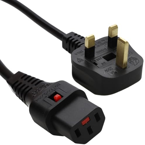 kenable Locking IEC C13 Mains Power Cable Lead 3 Pin UK Plug Black Locks to Any C14 Socket 2m