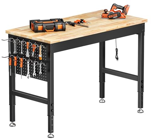 121 x 60 cm Adjustable Heavy-Duty WorkBench | 2000 LBS Load Capacity, Rubberwood Work Table with Pegboard, Built-in Power Strip, 6 Adjustable Heights